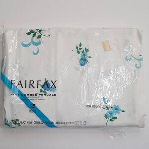 Vtg NEW Fairfax Blue Floral Unused DOUBLE FITTED Bed Sheet Fine Cotton Percale